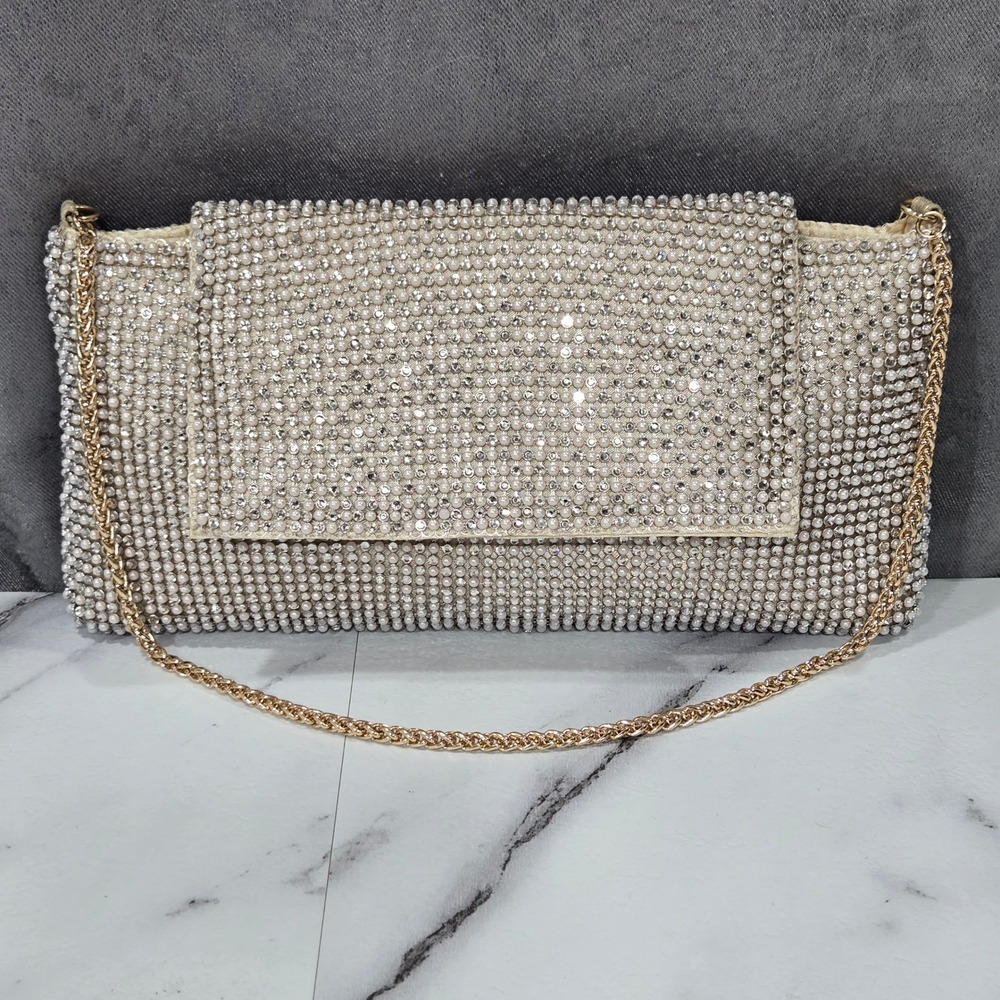 Jessica McClintock Clutch Womens OS Cream Faux Pearl Rhinestone Evening Bag